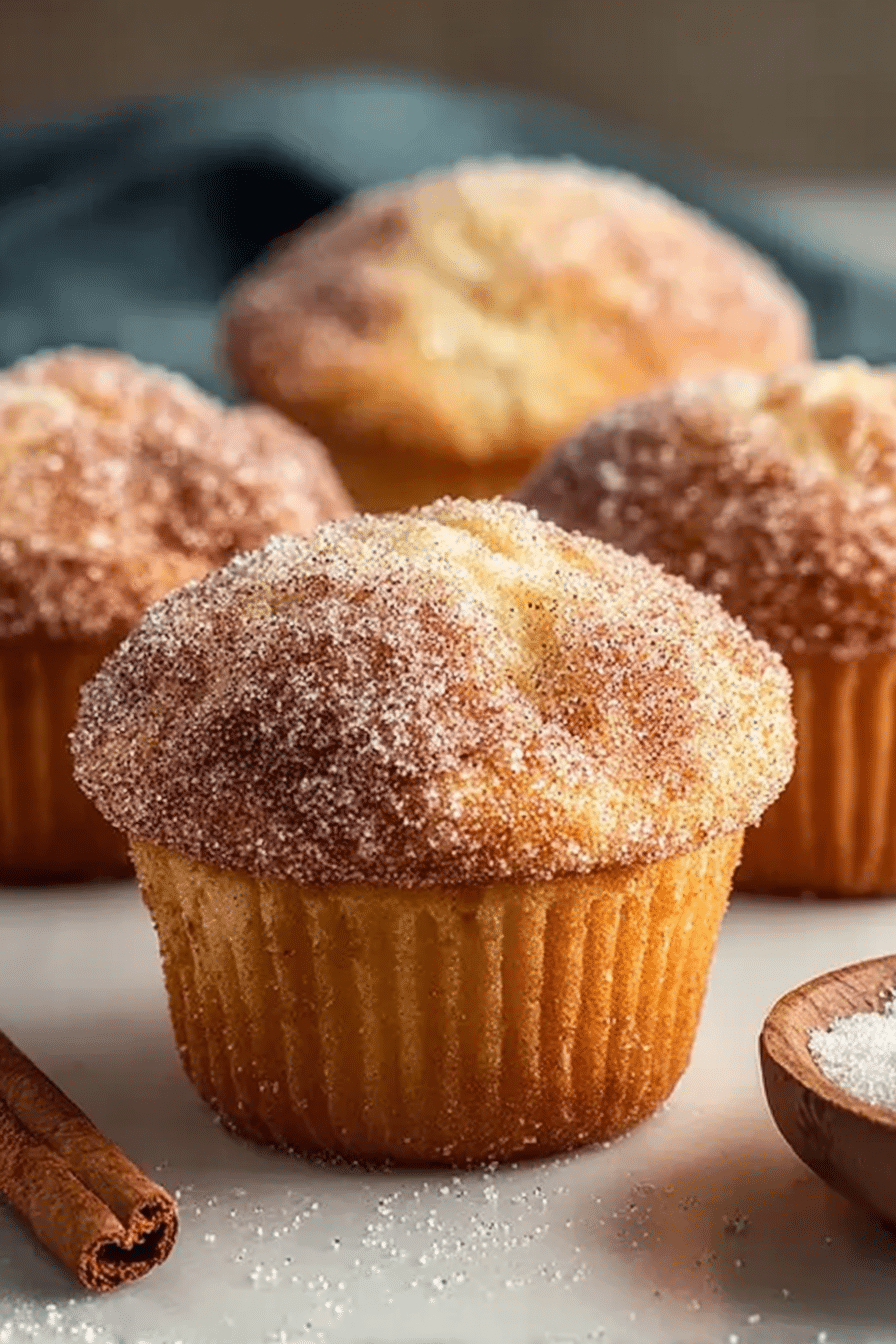 Close-up of fluffy cinnamon sugar donut muffins coated in cinnamon sugar, showcasing their soft texture.