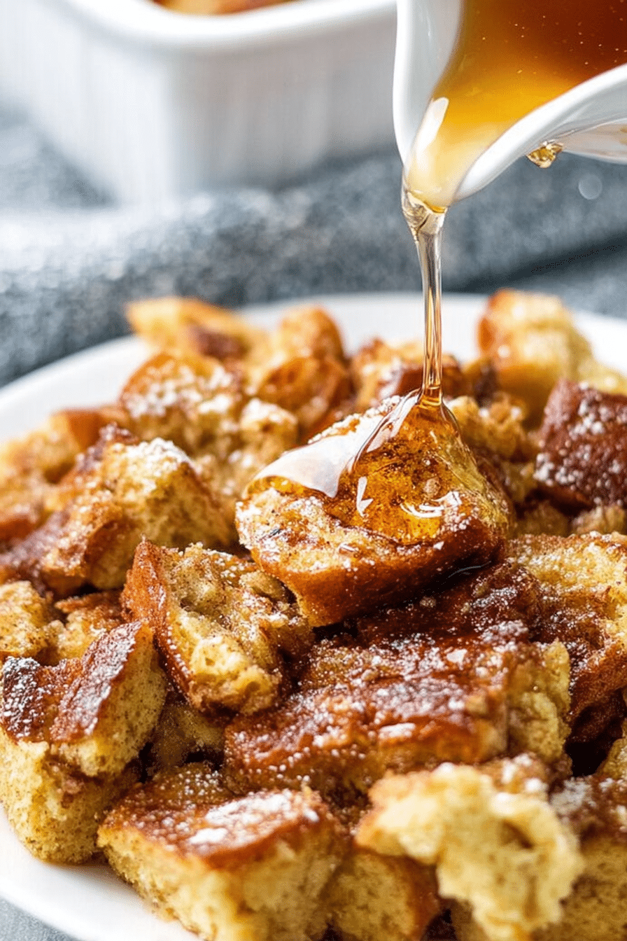 Delicious French Toast Casserole topped with powdered sugar in a rustic dish, ready to be served.