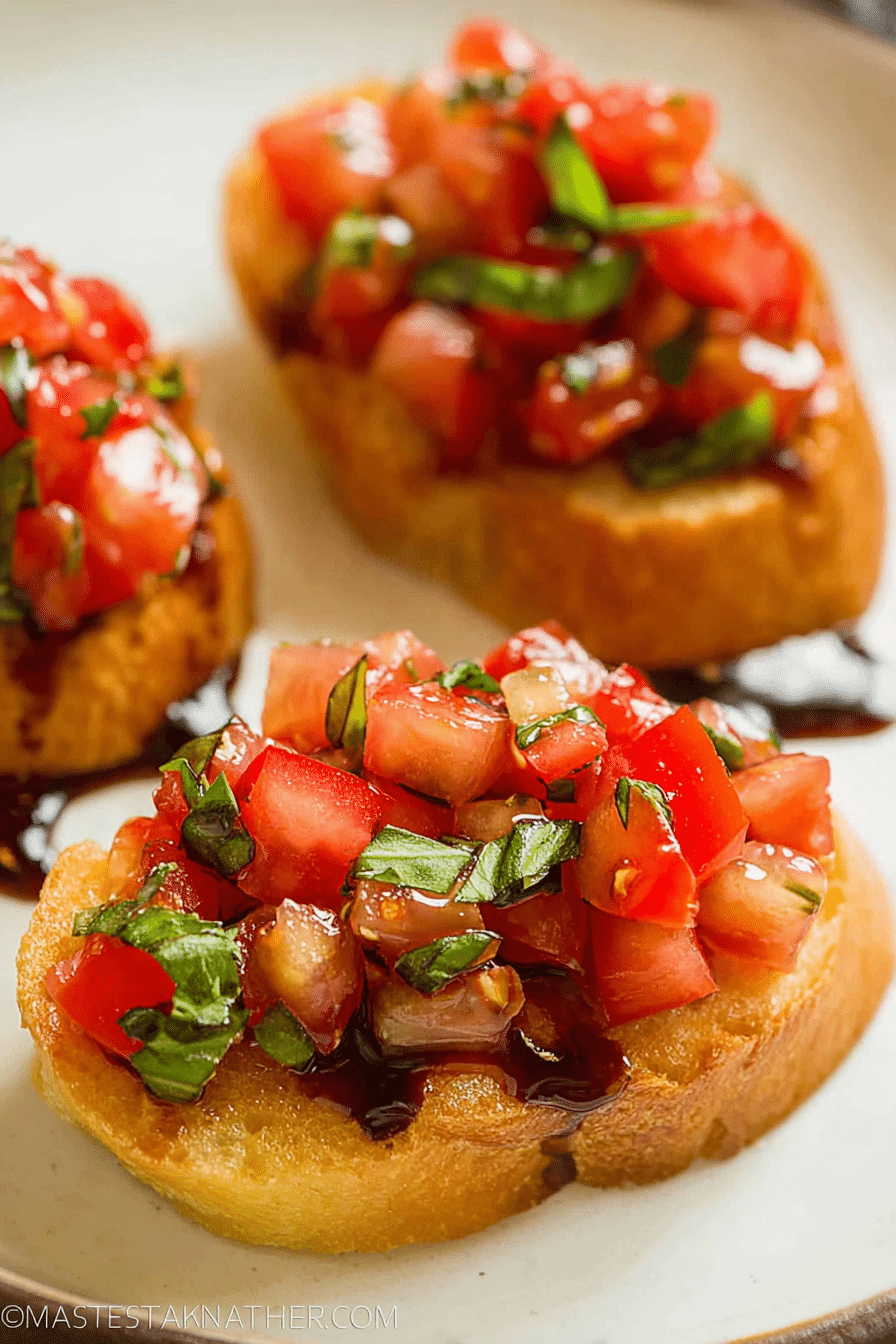 Close-up of bruschetta with tomato and basil on a wooden board