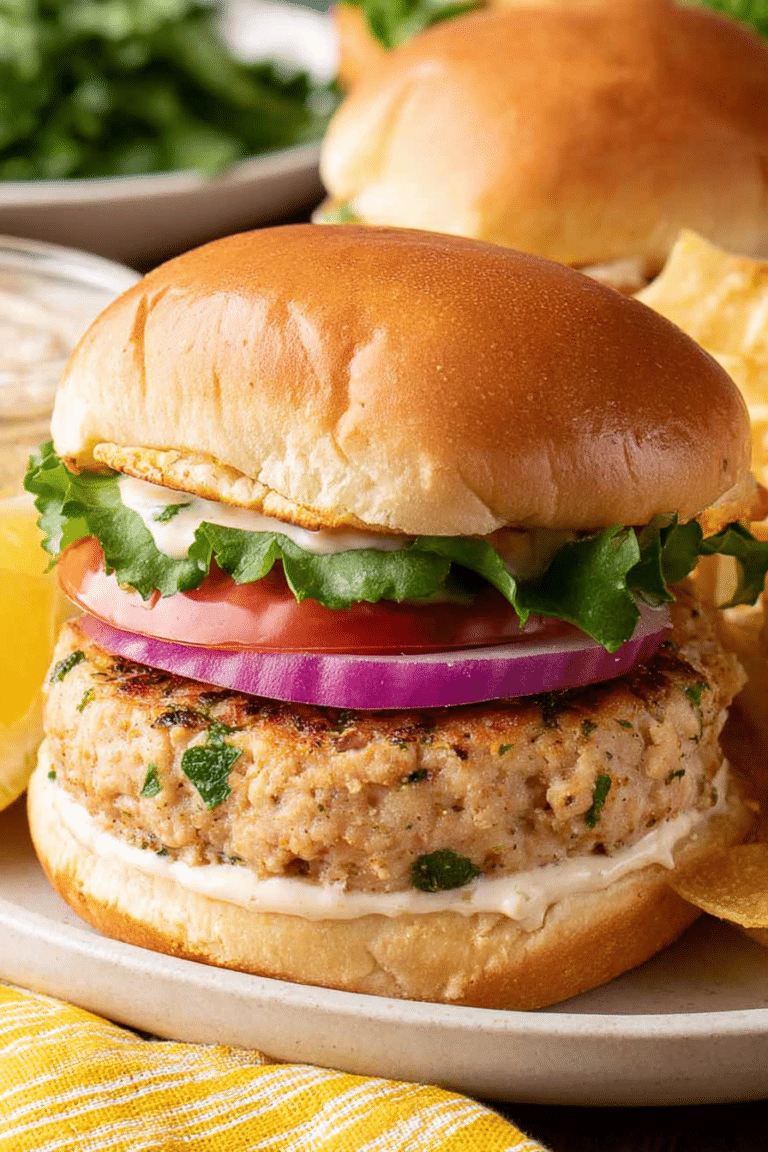 Delicious ground chicken burger topped with fresh lettuce, tomato, and red onions on a plate.