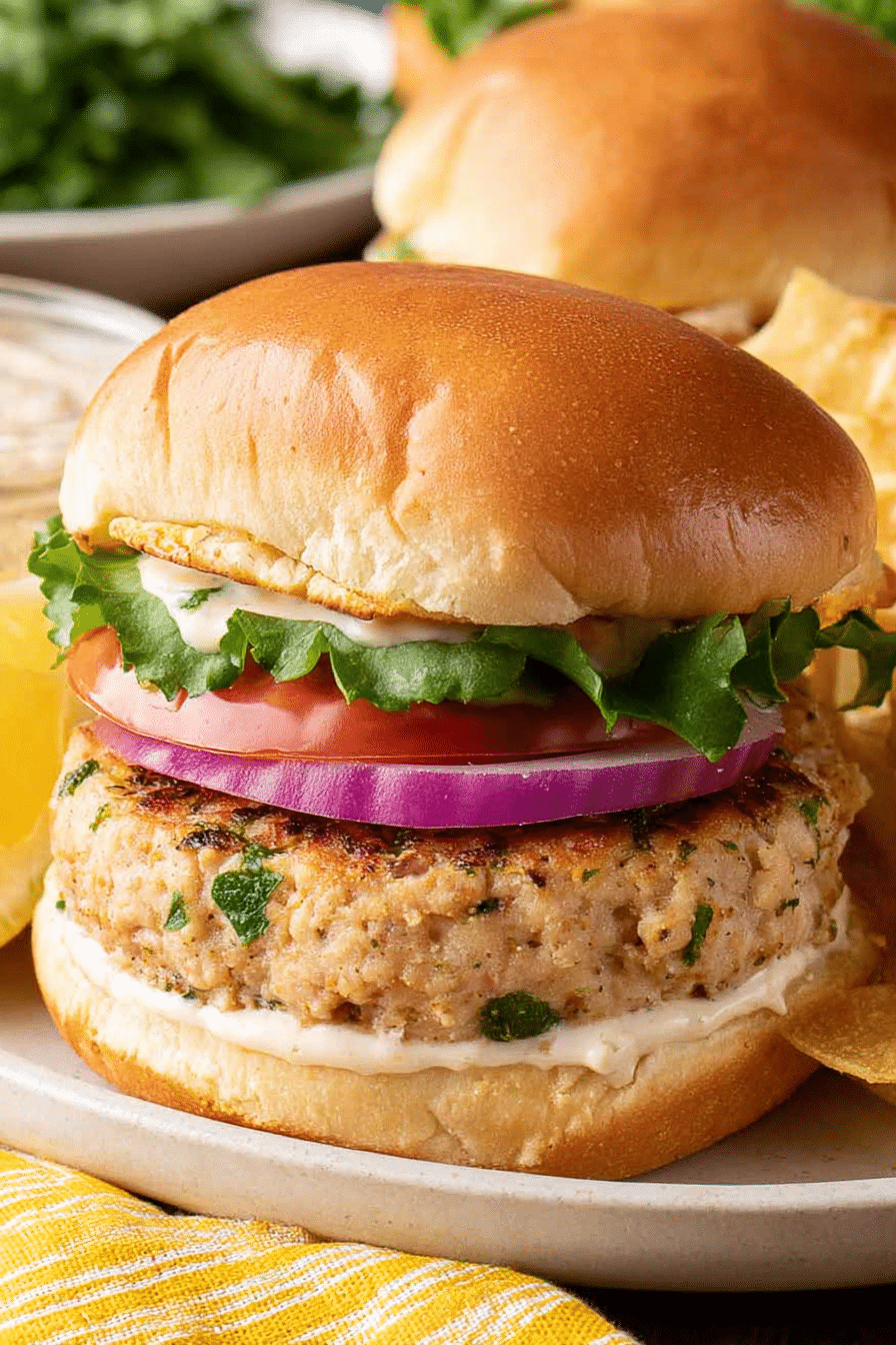Delicious ground chicken burger topped with fresh lettuce, tomato, and red onions on a plate.