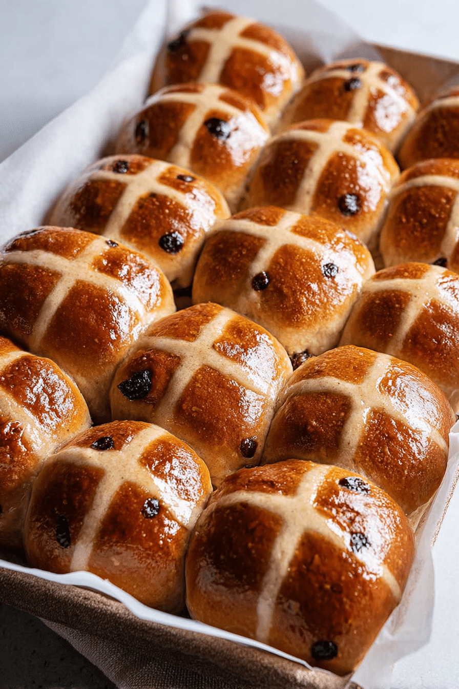 Freshly baked easy hot cross buns with a golden glaze on a rustic wooden table, perfect for Easter celebration.