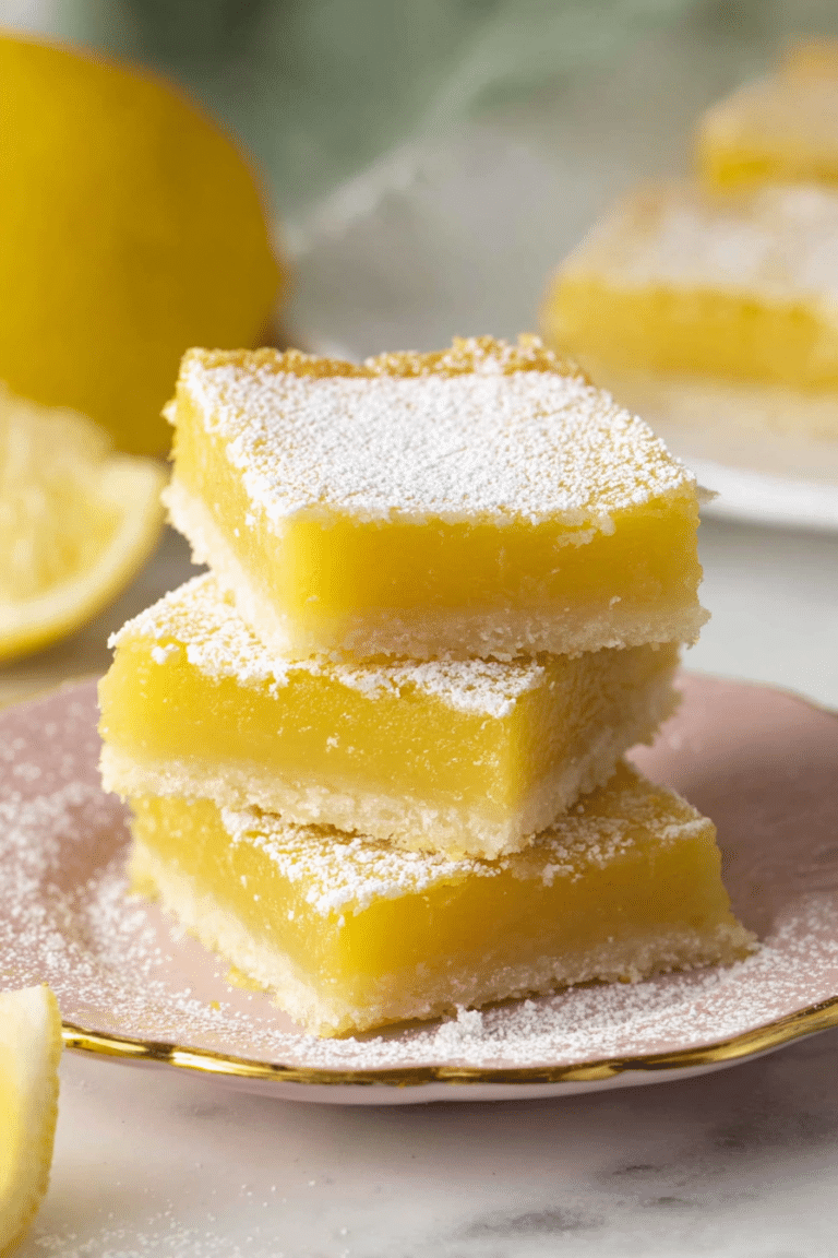 Delicious homemade lemon bars dusted with powdered sugar, served with lemon slices and fresh mint leaves.
