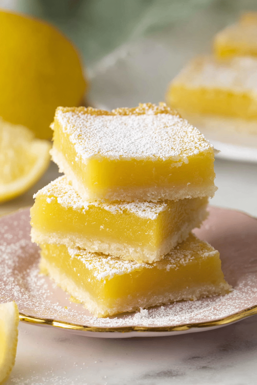 Delicious homemade lemon bars dusted with powdered sugar, served with lemon slices and fresh mint leaves.