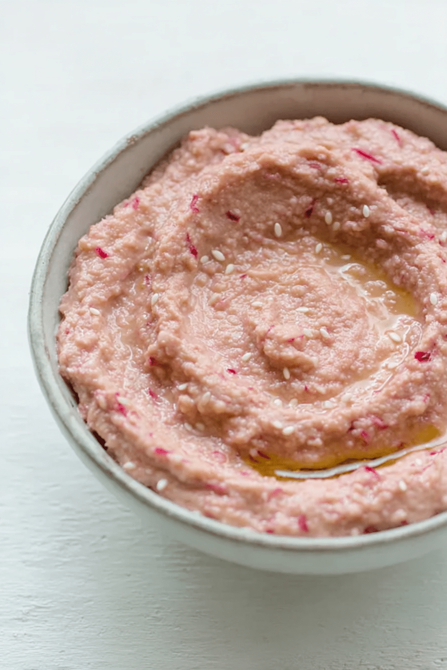 Fresh radish hummus in a bowl with pita bread and vegetable sticks surrounded by fresh radishes.