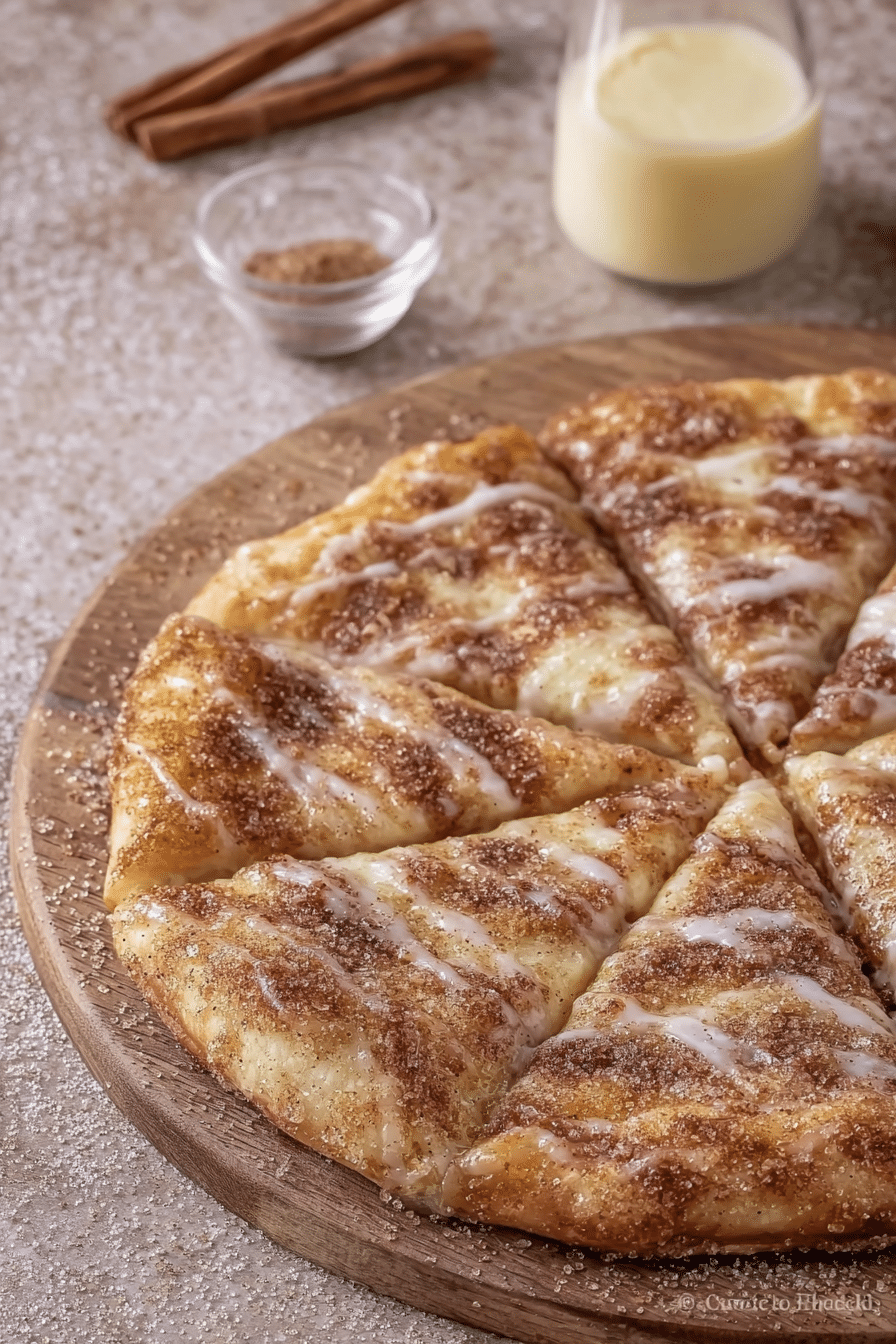 Freshly baked cinnamon pizza with creamy glaze on a wooden table with cinnamon sticks.