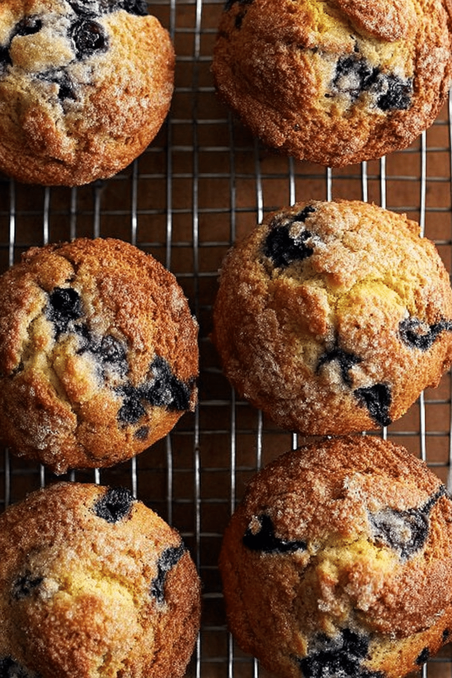 Freshly baked lemon-blueberry muffins with lemon slices and blueberries.