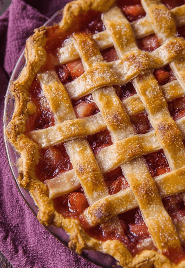 Freshly baked strawberry rhubarb pie with slice removed showcasing vibrant fruit filling.