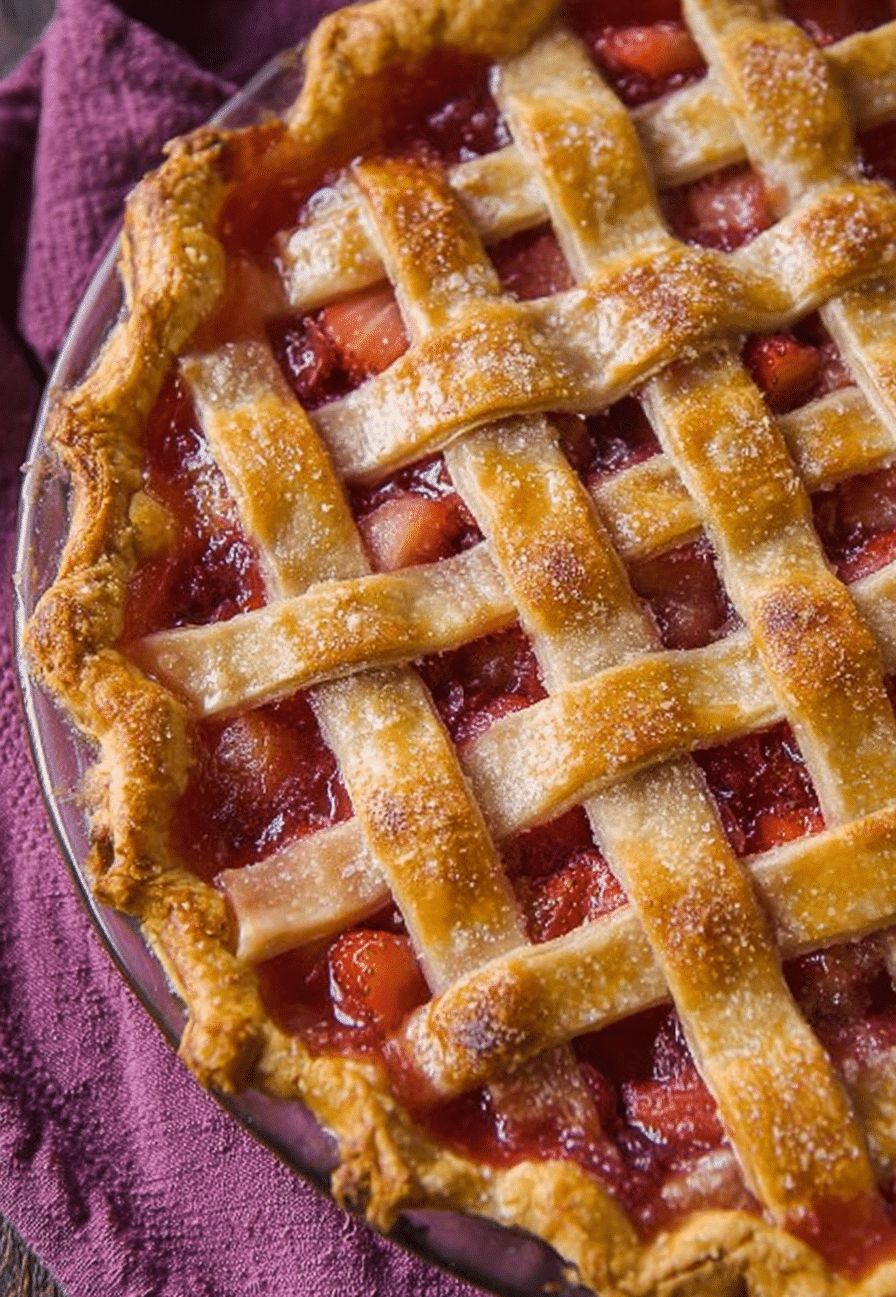 Freshly baked strawberry rhubarb pie with slice removed showcasing vibrant fruit filling.
