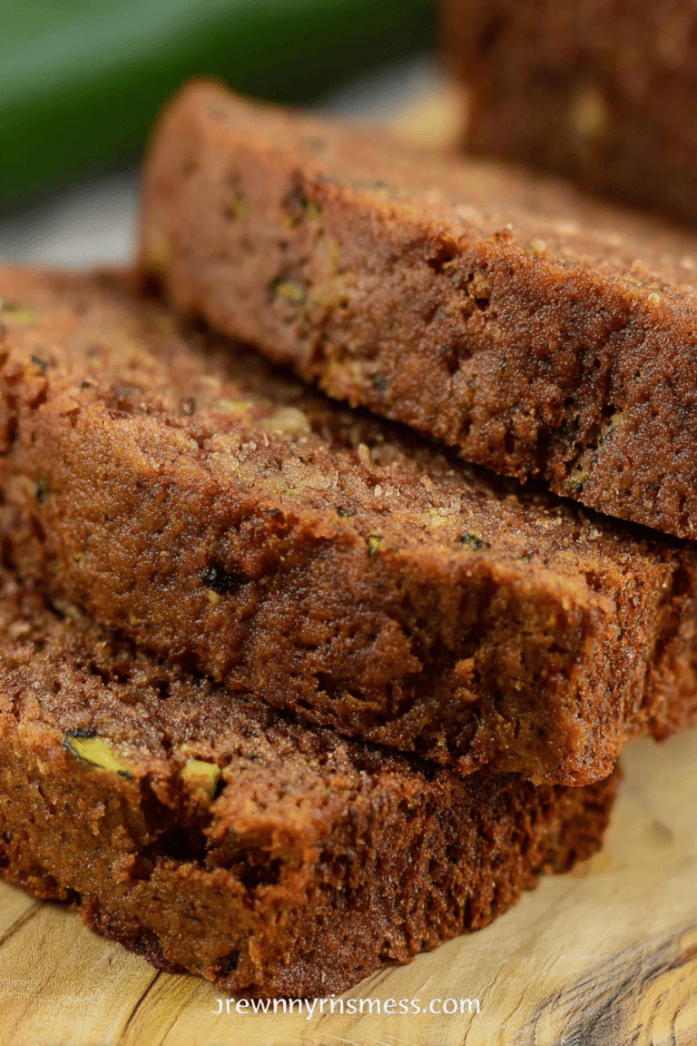 Freshly baked zucchini bread slices on a cutting board with walnuts