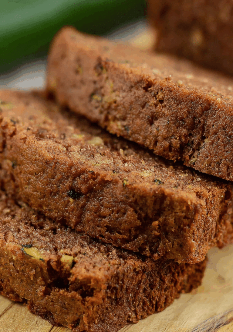Freshly baked zucchini bread slices on a cutting board with walnuts