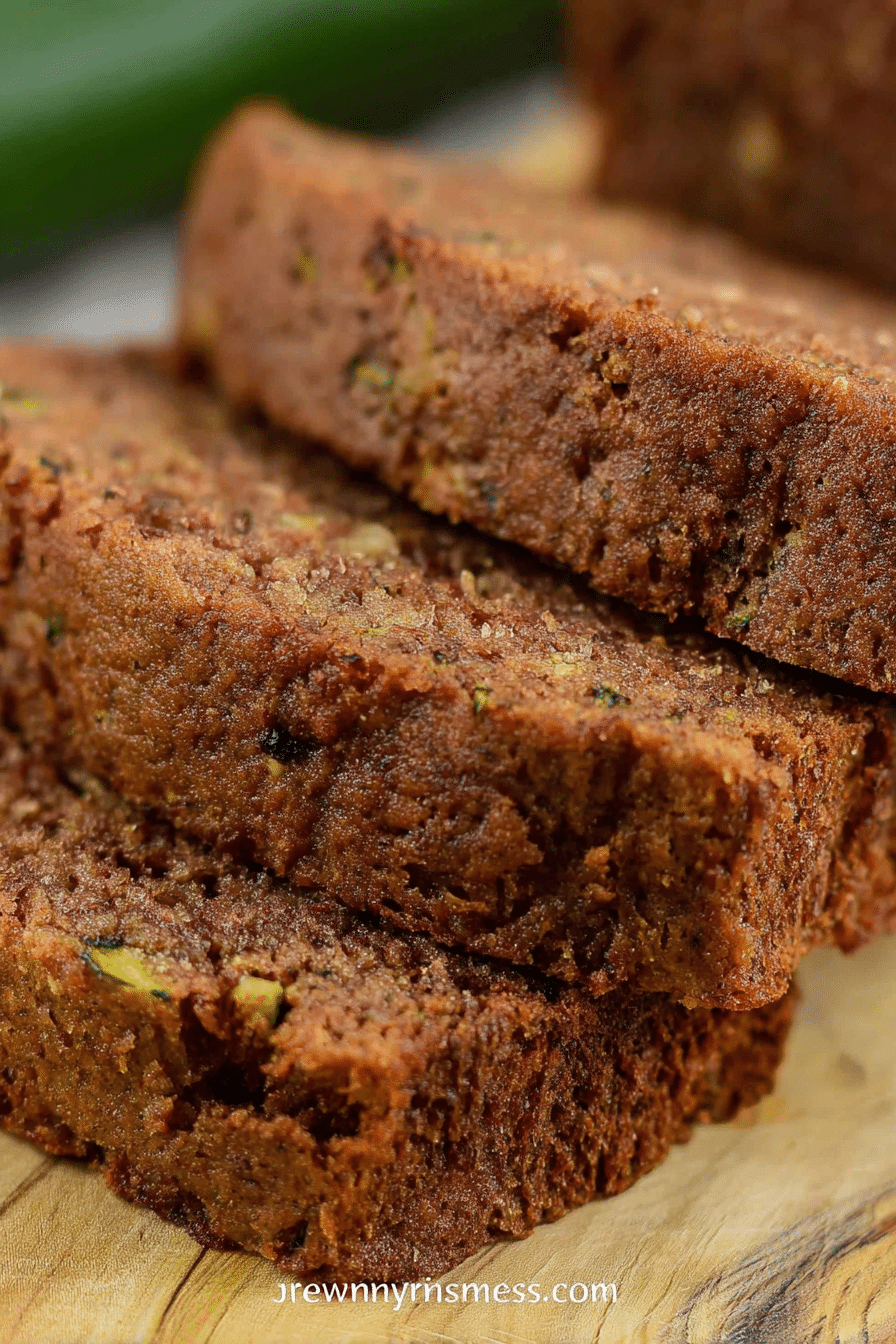 Freshly baked zucchini bread slices on a cutting board with walnuts