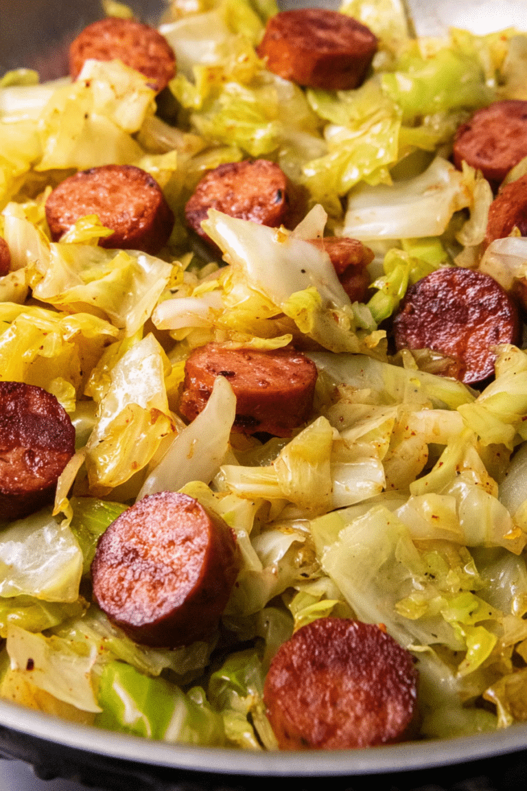 Fried cabbage with kielbasa sausage cooked in a skillet, featuring chopped onions and a colorful presentation.