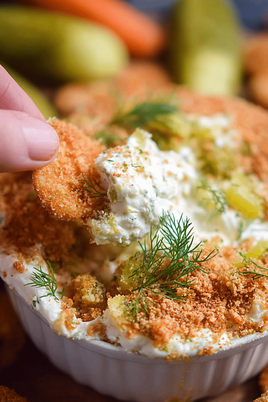 Delicious Fried Pickle Dip with Panko breadcrumbs served with potato chips and fresh veggies.