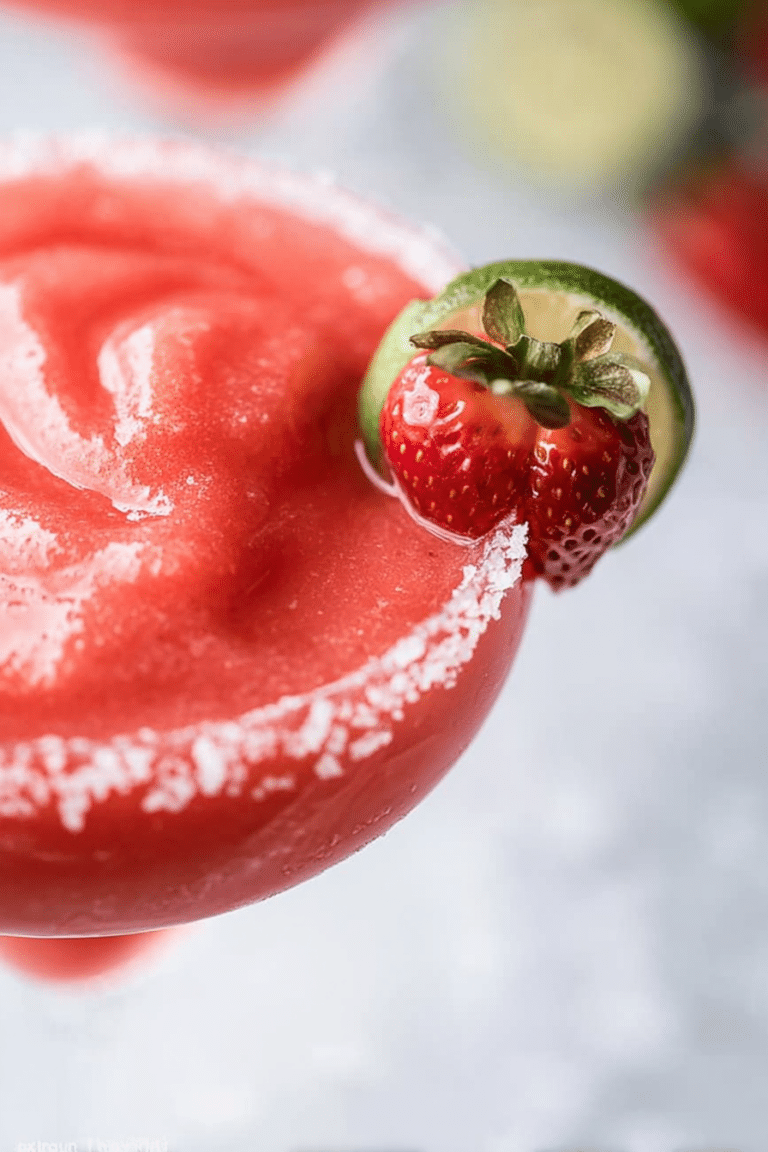 Delicious frozen strawberry margarita garnished with lime on a colorful tablecloth.