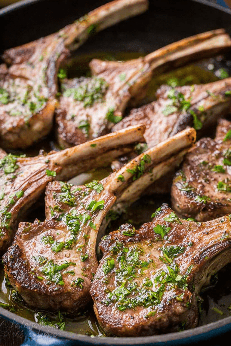 Garlic and herb crusted lamb chops on a white plate with fresh parsley and roasted vegetables.