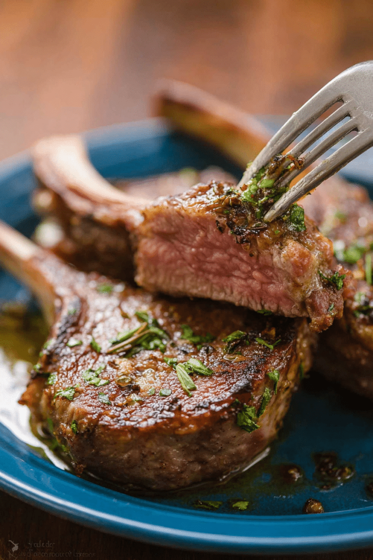 Delicious garlic and herb crusted lamb chops served with roasted vegetables and garnished with parsley.
