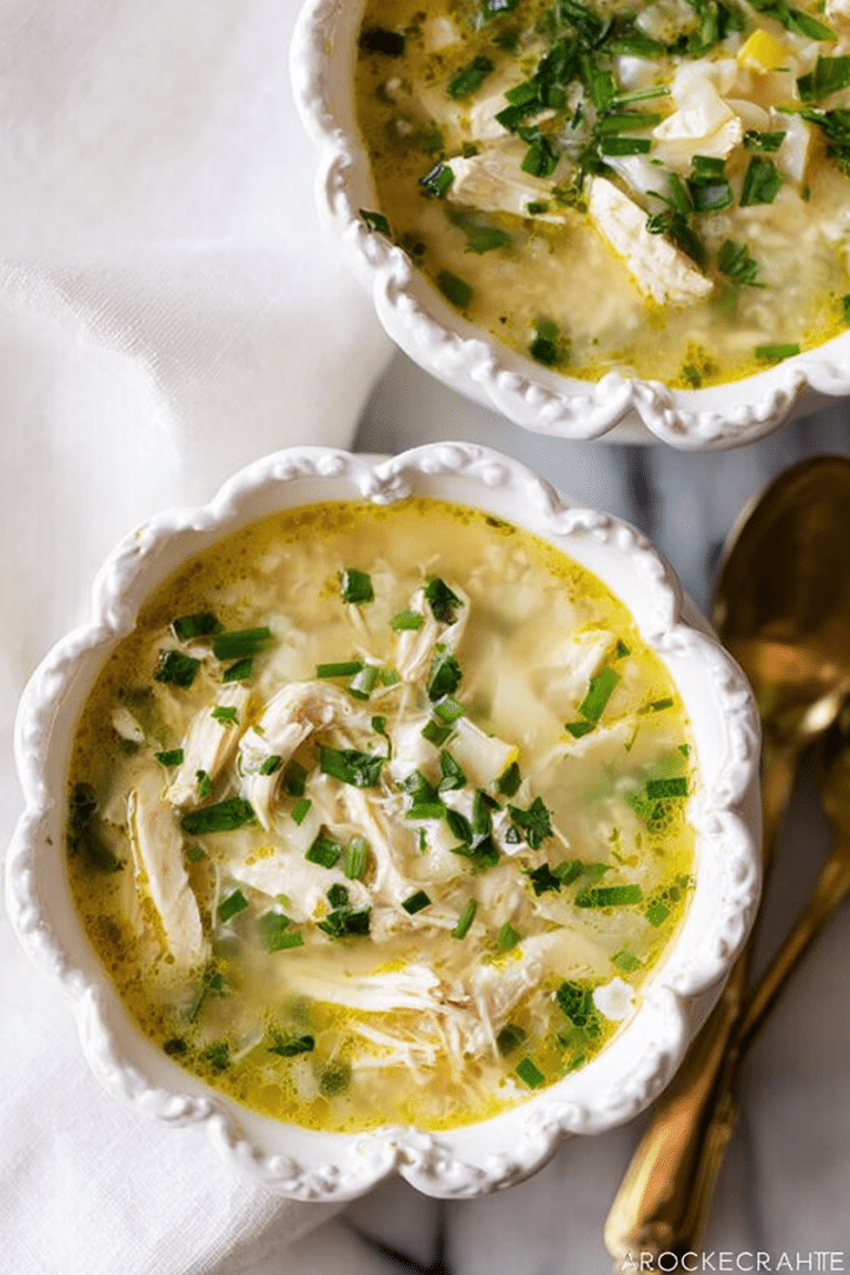 Warm bowl of Greek lemon chicken soup with fresh chives and feta, lemon wedge, and bread.