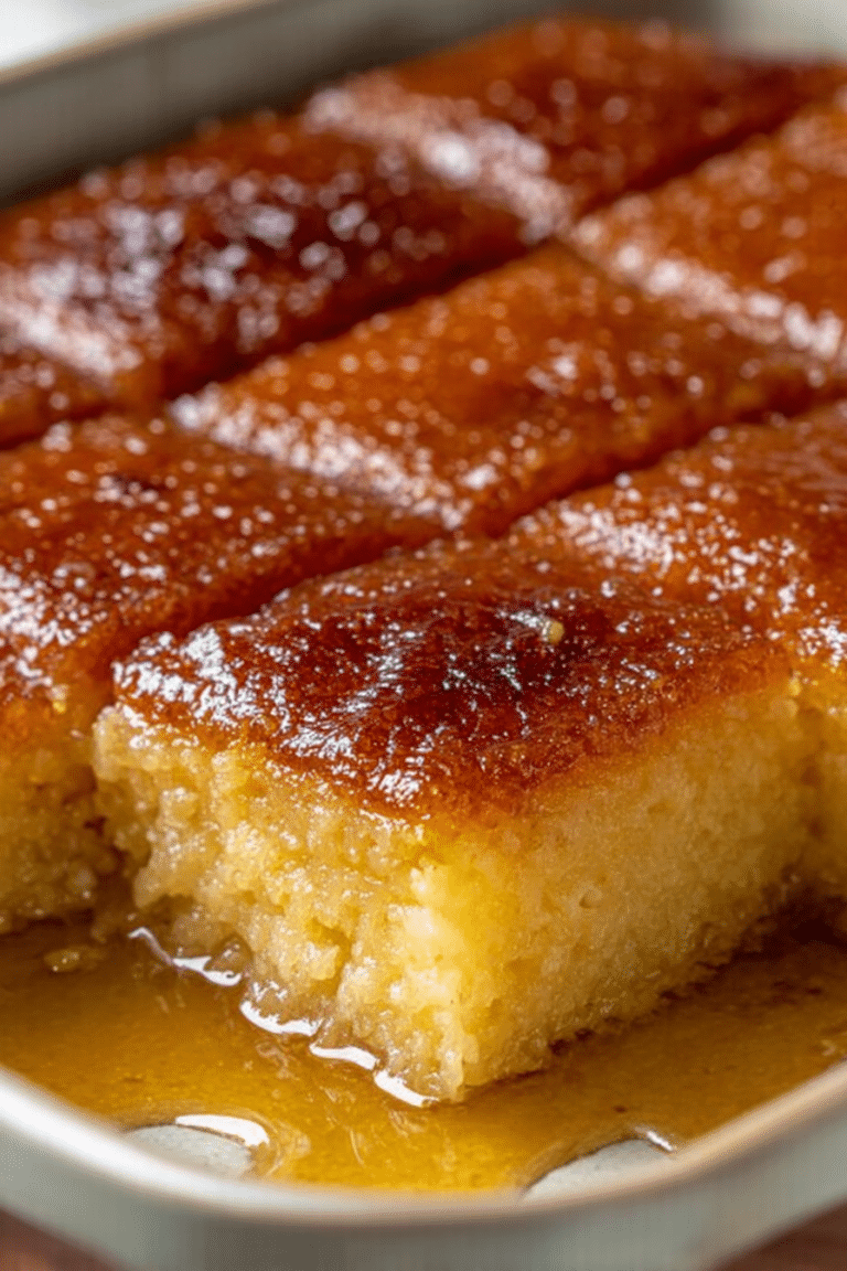 Slice of Greek ravani cake on a plate with orange zest and mint garnish