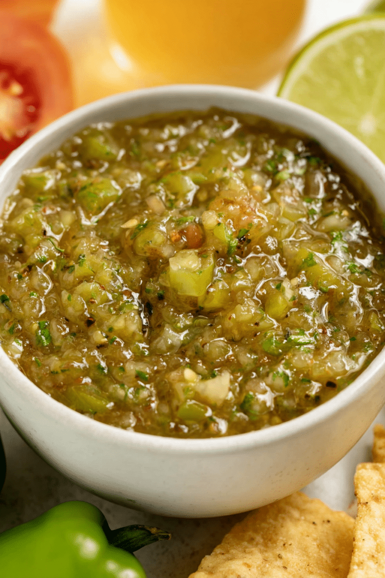 Fresh homemade green tomato salsa served with crispy tortilla chips and garnished with lime wedges and cilantro.