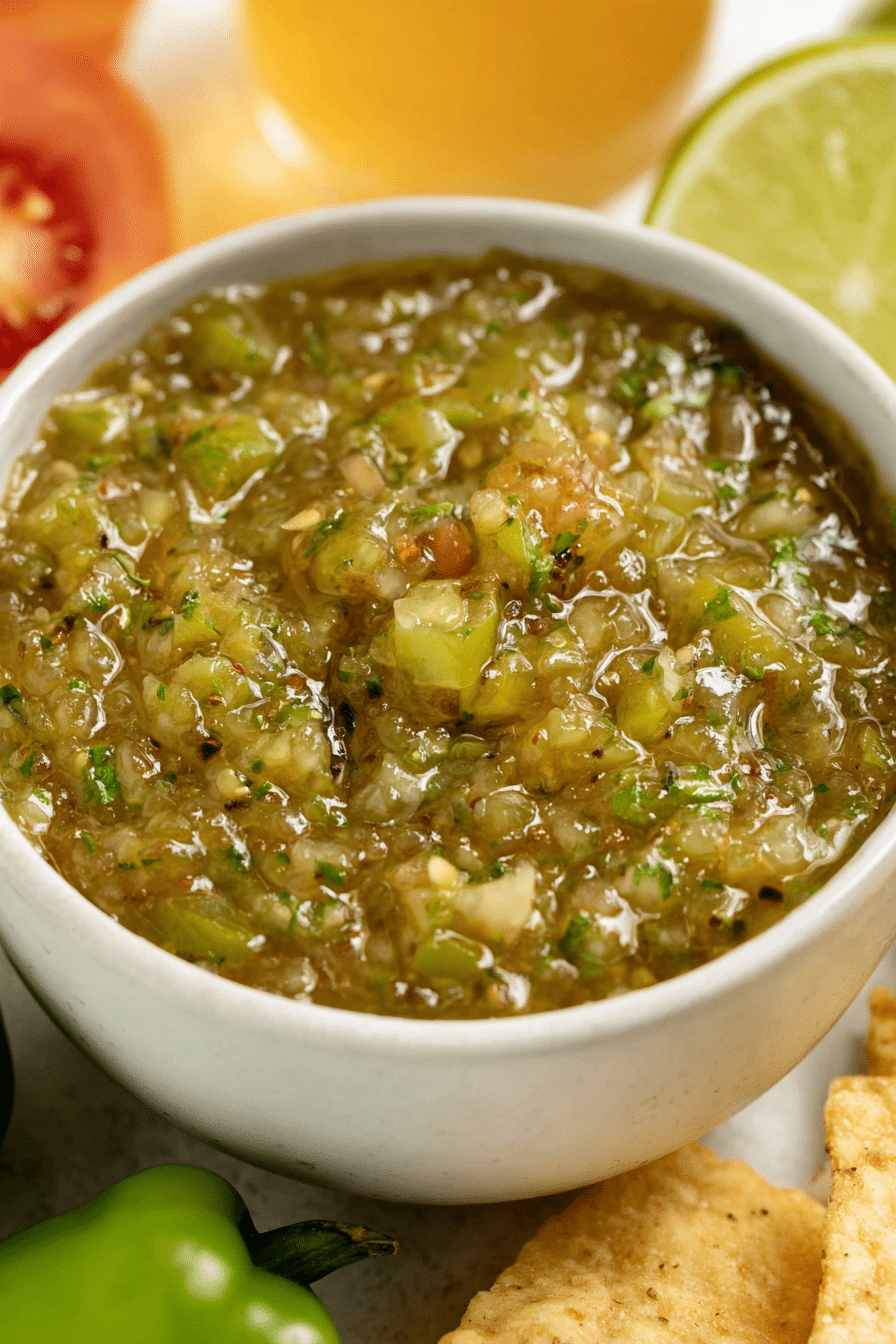 Fresh homemade green tomato salsa served with crispy tortilla chips and garnished with lime wedges and cilantro.
