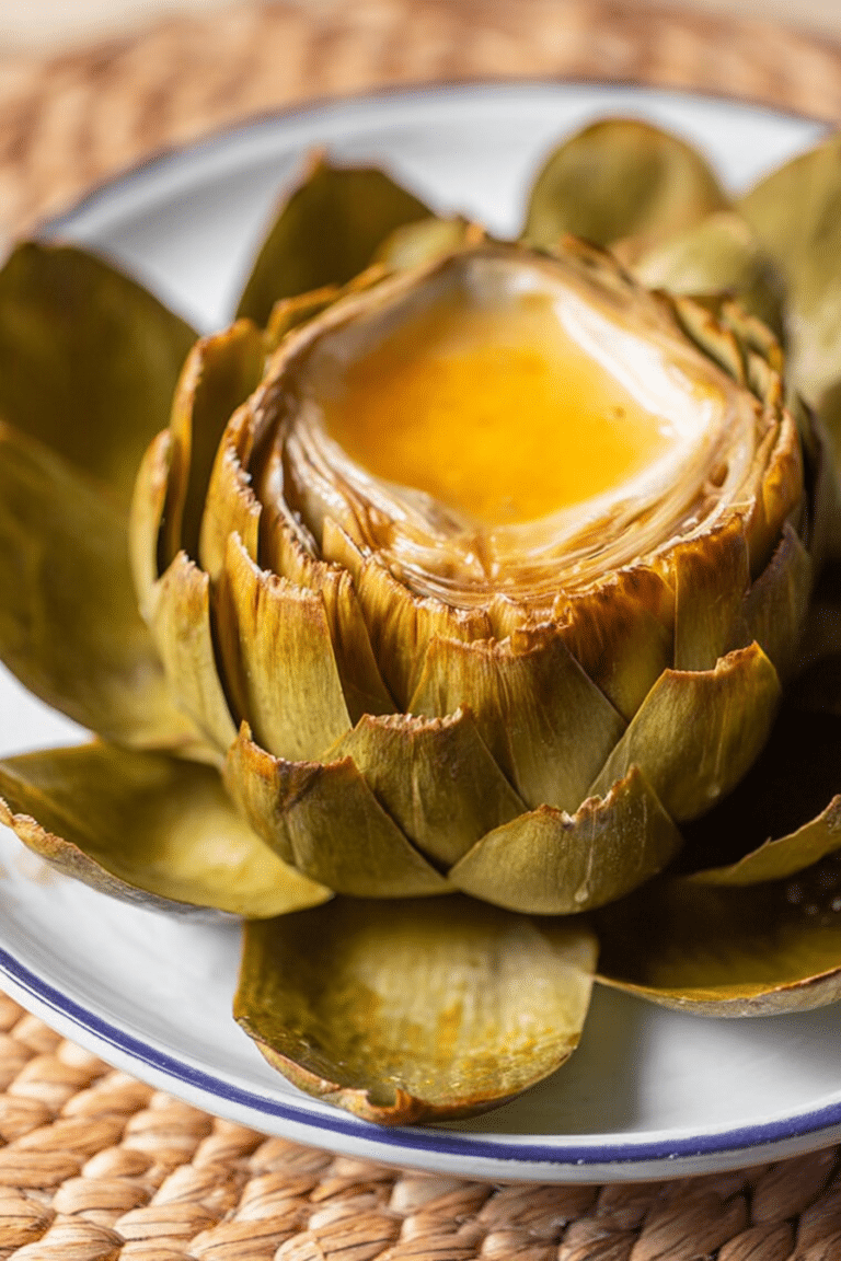 Delicious grilled artichokes served with lemon-pepper garlic butter and garnished with lemon and herbs.