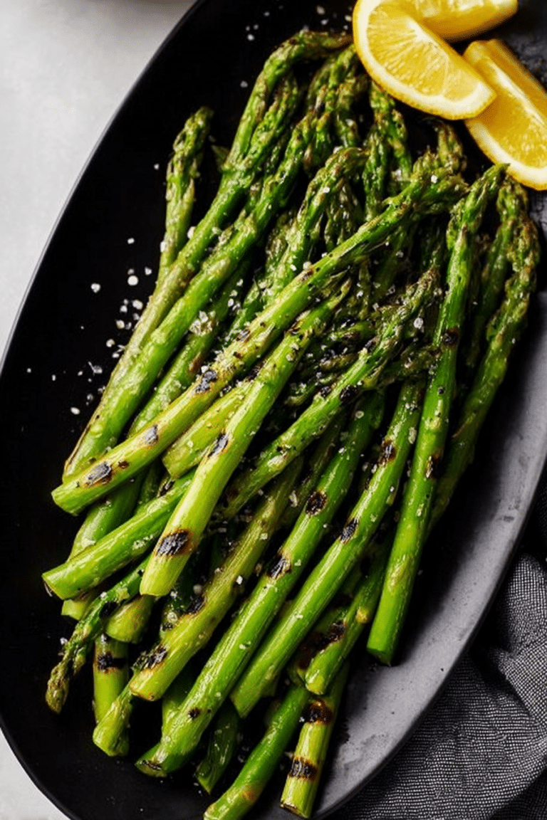 Delicious grilled asparagus drizzled with olive oil and seasoned with lemon and sea salt on a wooden table.