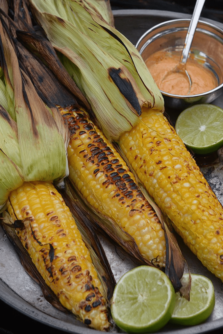 Grilled corn on the cob with chipotle butter and lime wedges on a wooden table