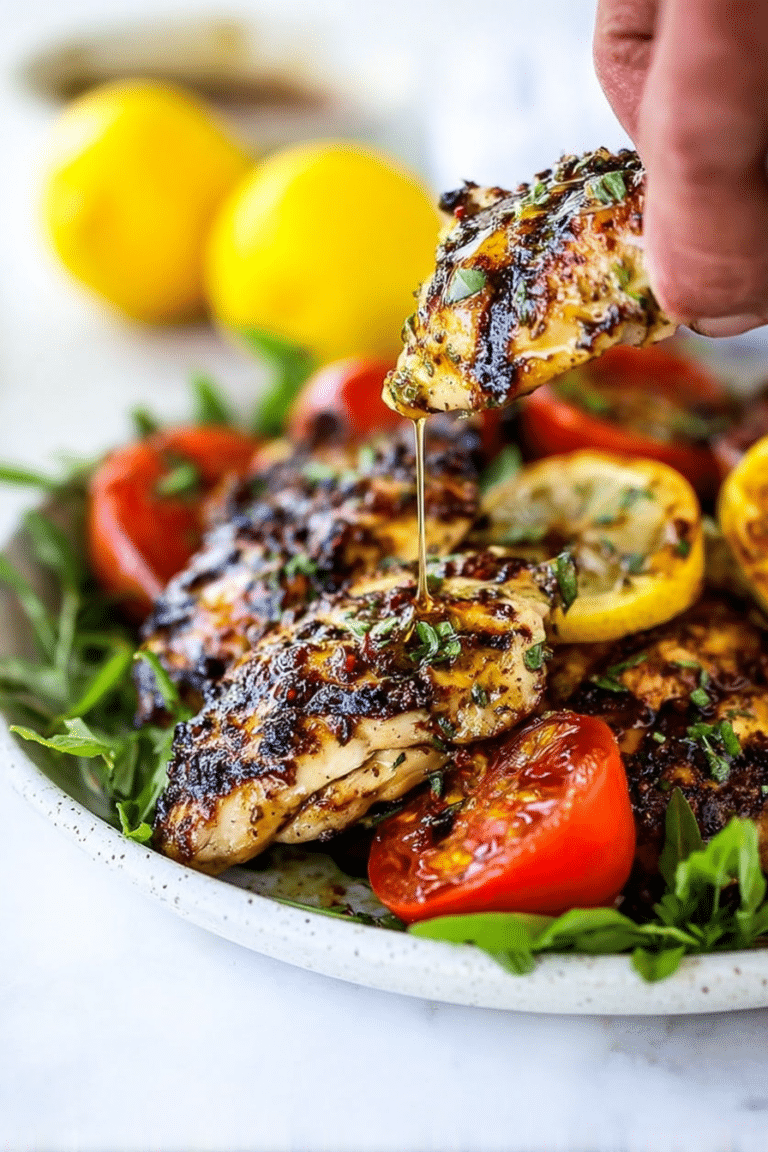 Grilled lemon chicken breast on a wooden platter with fresh herbs and grilled lemon halves.