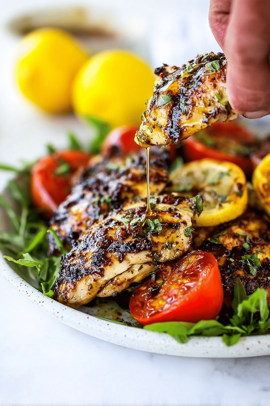Grilled lemon chicken breast on a wooden platter with fresh herbs and grilled lemon halves.