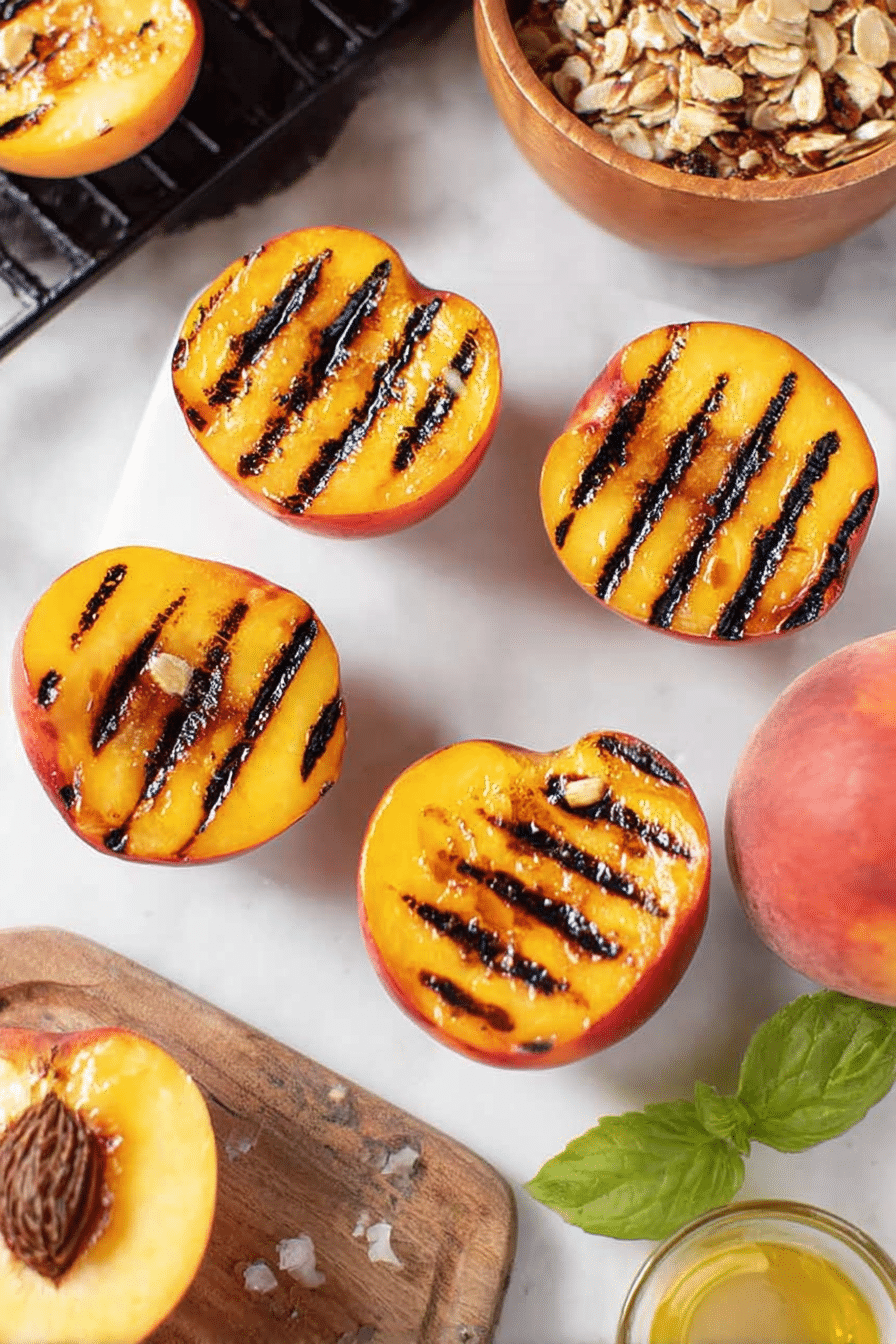 Delicious grilled peaches with vanilla ice cream and walnuts on a plate, perfect summer dessert.