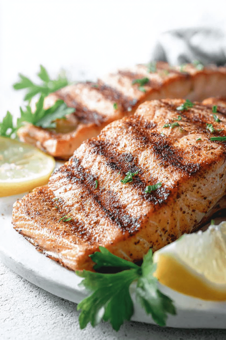 Delicious grilled salmon fillet topped with fresh herbs and lemon slices on a wooden plate.