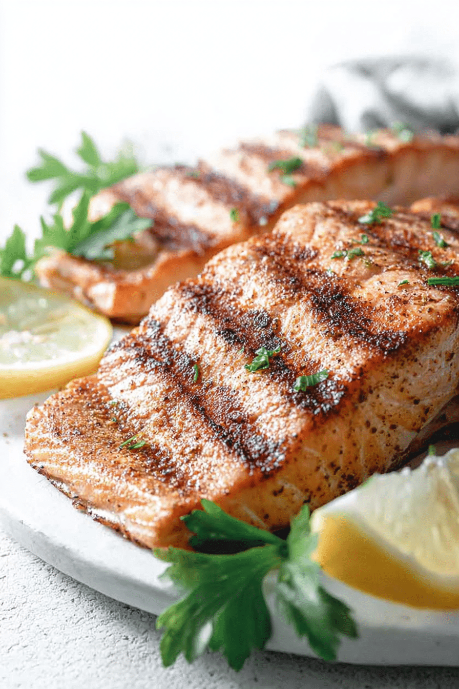 Delicious grilled salmon fillet topped with fresh herbs and lemon slices on a wooden plate.