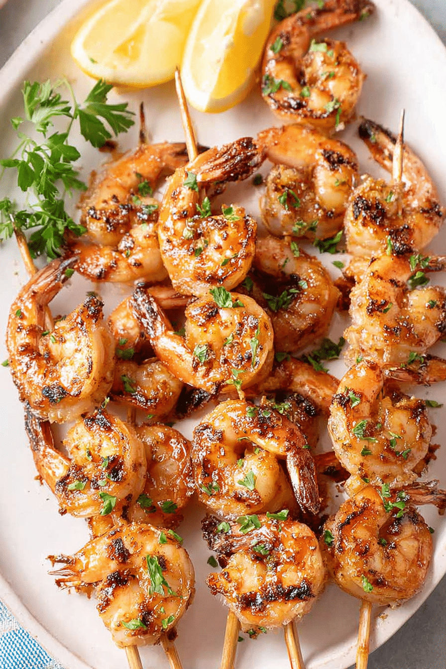 Delicious grilled shrimp skewers on a platter with parsley and lemon, perfect for summer grilling.