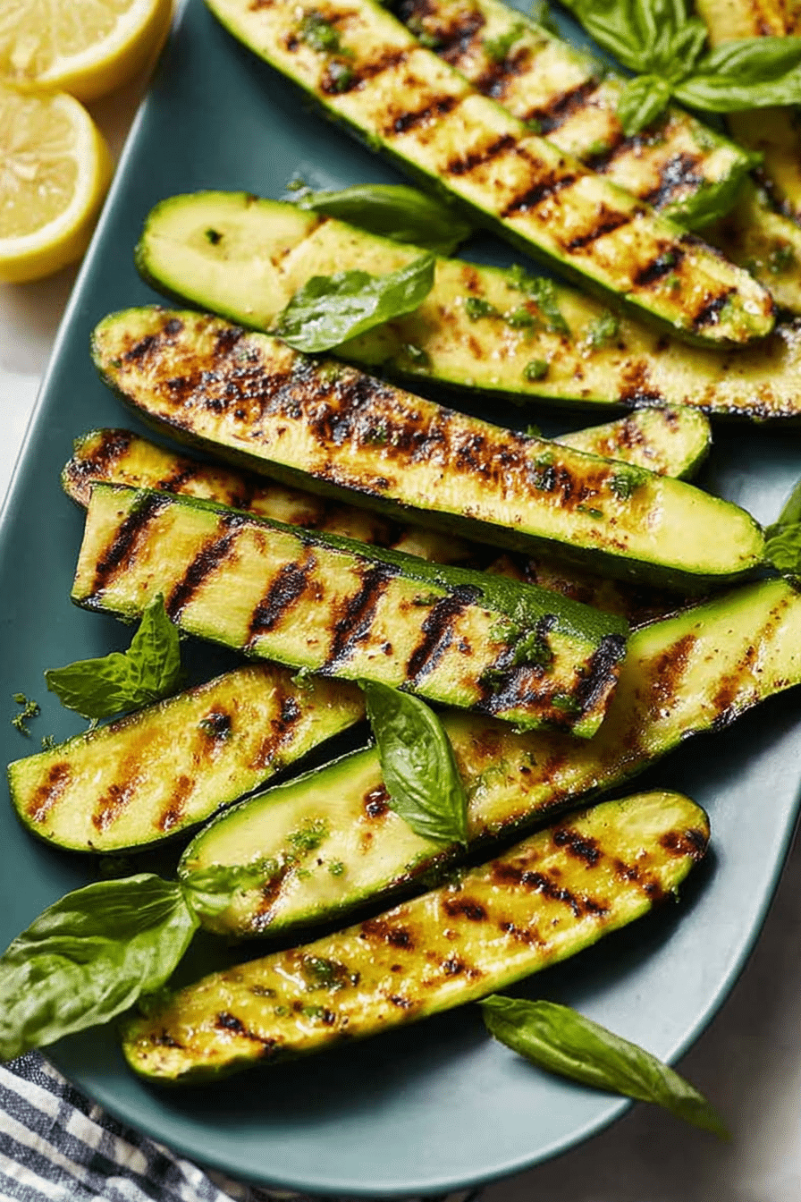 Delicious grilled zucchini garnished with fresh herbs and lemon wedges.