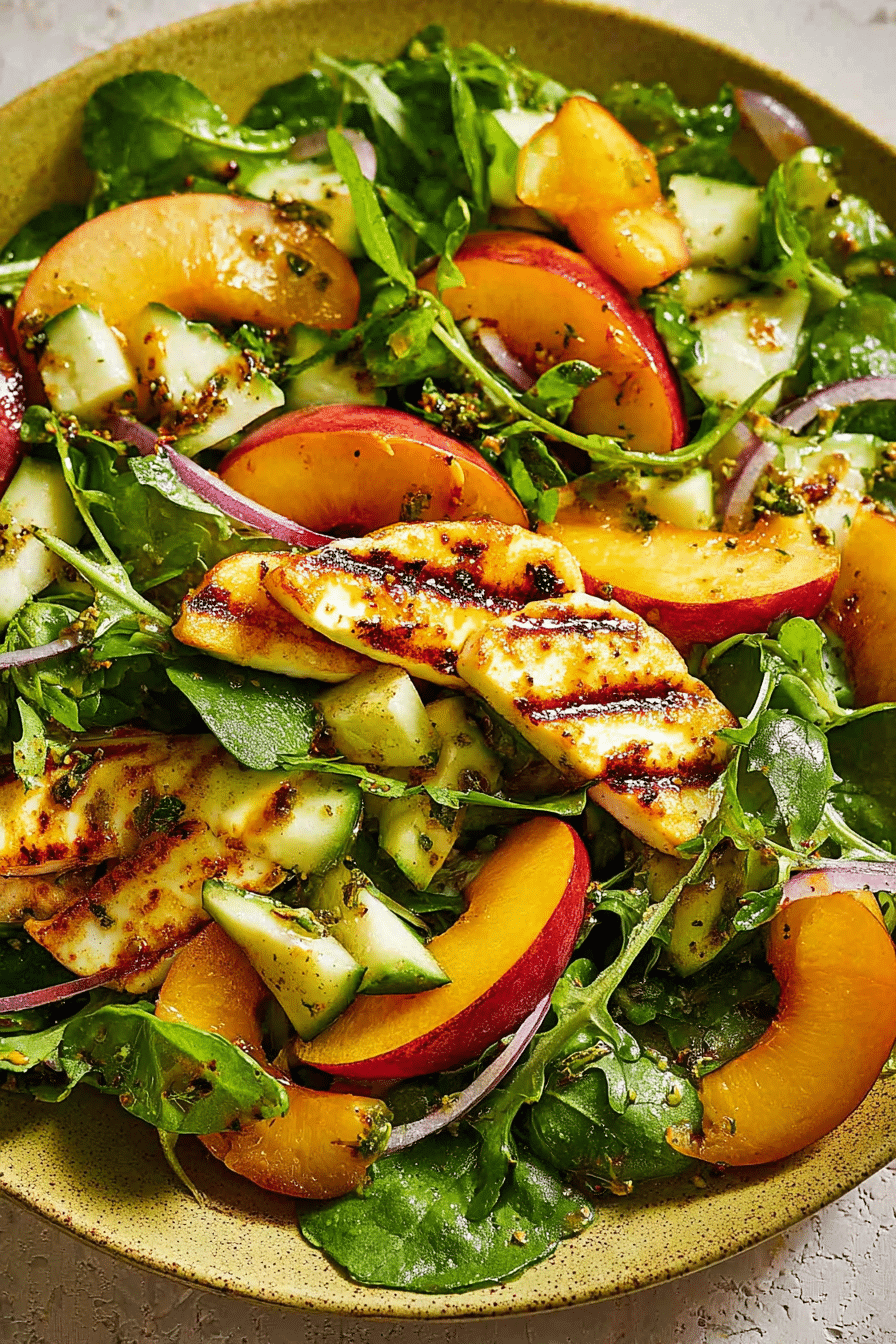 Fresh halloumi salad with peaches and arugula served in a rustic bowl, showcasing colorful grilled peaches and green arugula.