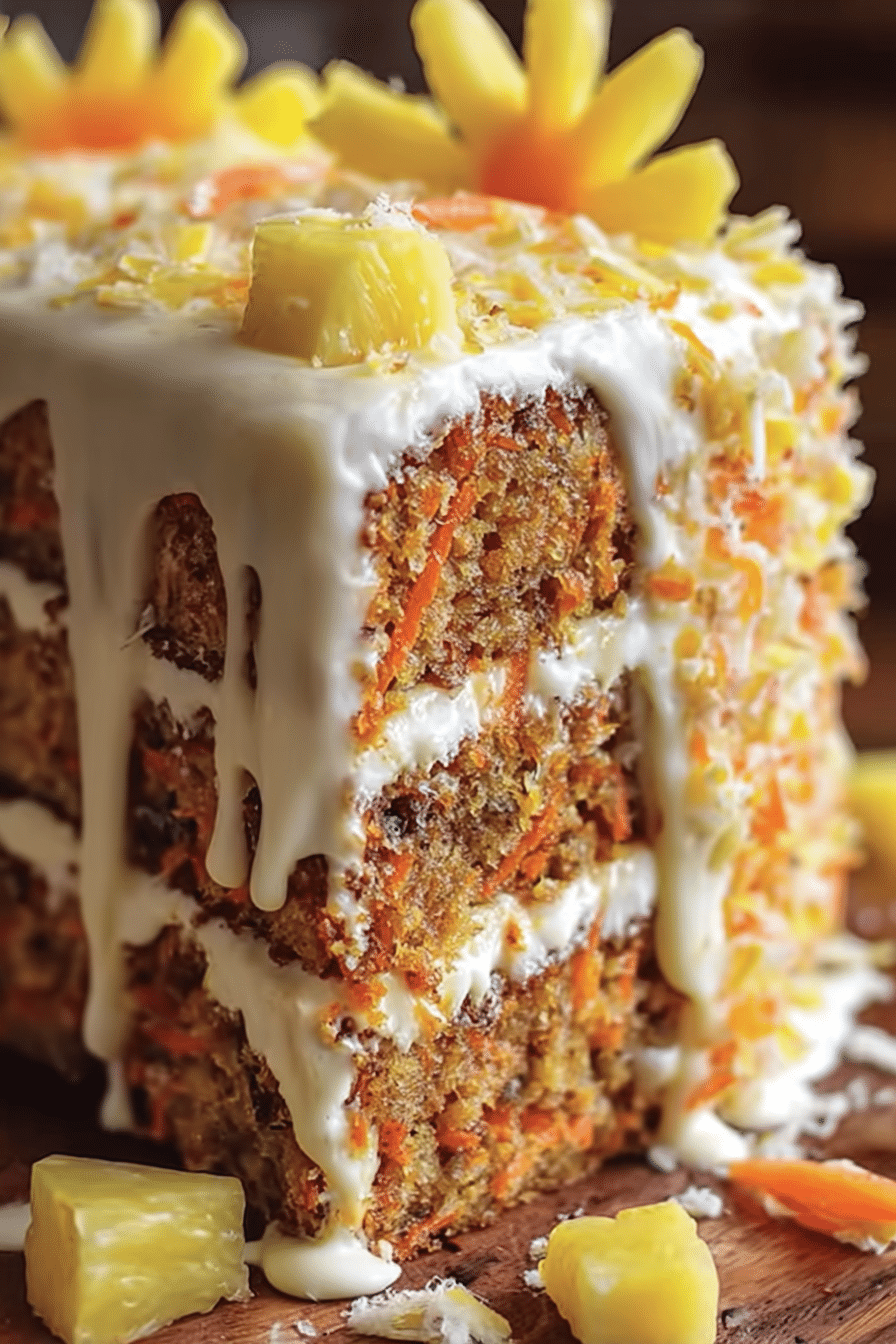 Hawaiian carrot pineapple cake with frosting and garnishes of pineapple chunks and shredded carrots on a wooden table.