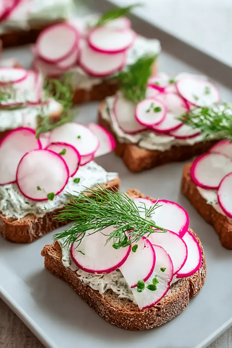 Healthy radish tea sandwiches with cream cheese and dill, served on a plate.