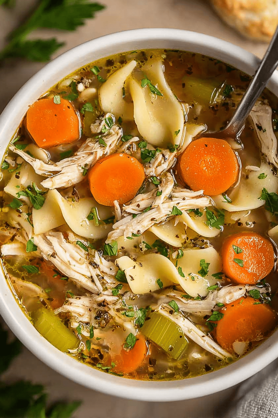 Hearty rotisserie chicken noodle soup in a bowl with herbs and bread on the side.