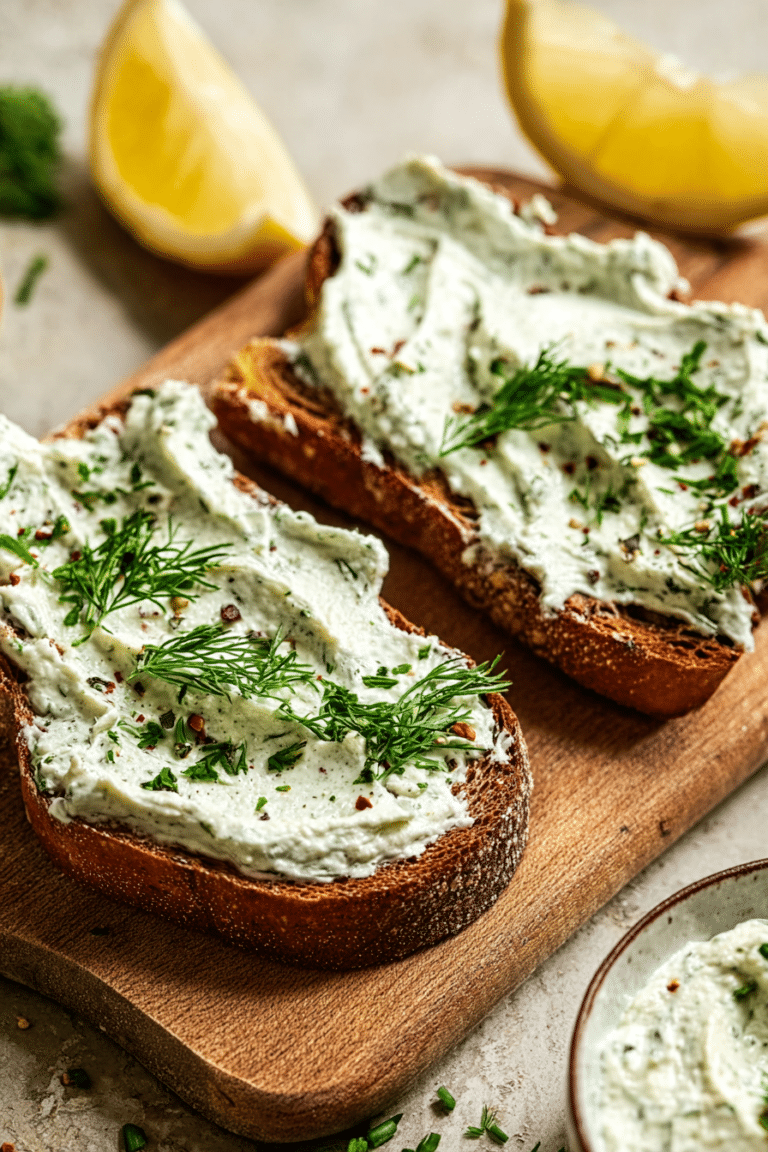 Close-up of herbed goat cheese spread served on a wooden board with fresh herbs and vegetable sticks.