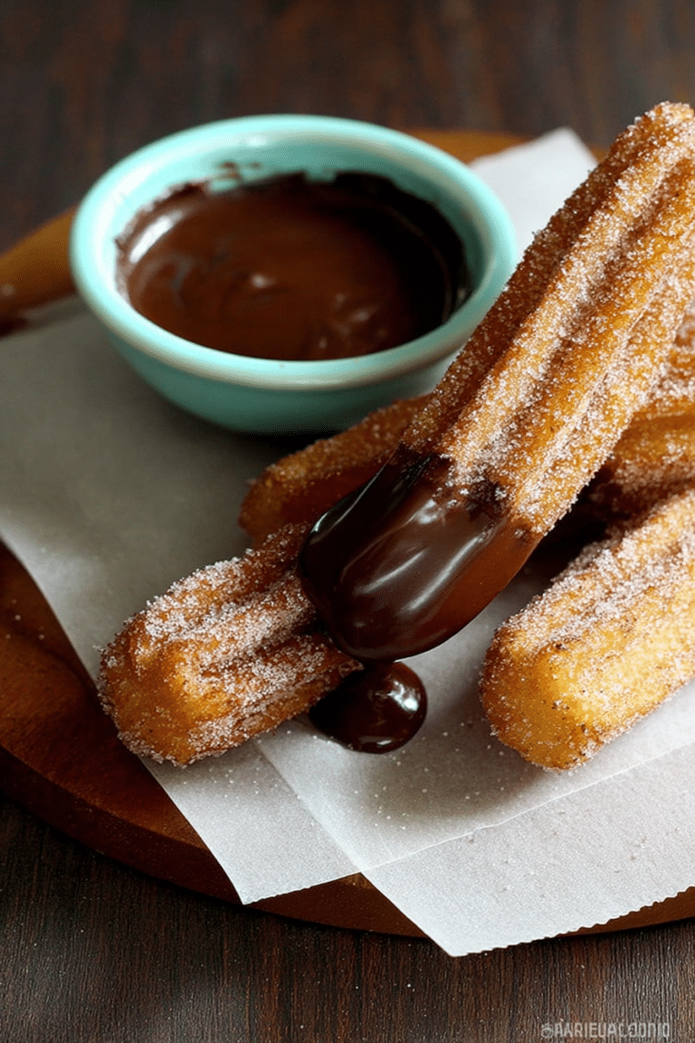 Delicious homemade churros dusted with cinnamon sugar next to a bowl of chocolate sauce