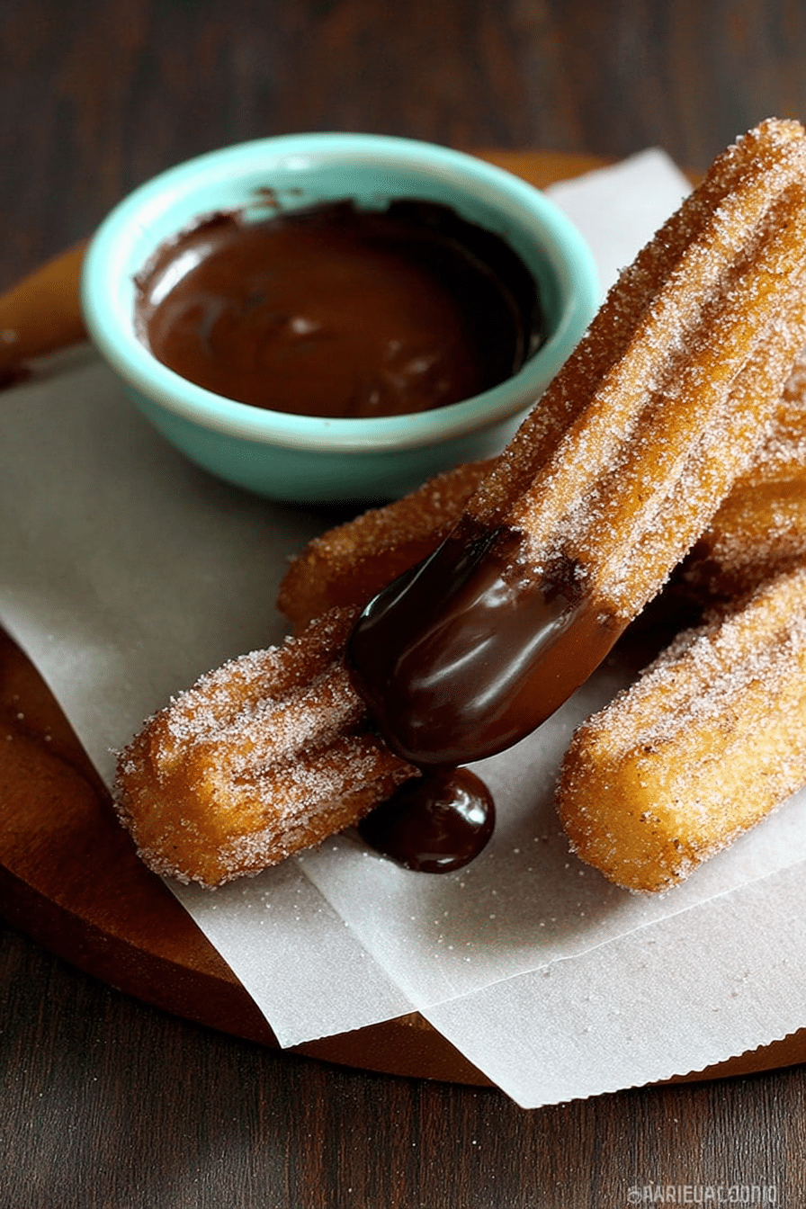 Delicious homemade churros dusted with cinnamon sugar next to a bowl of chocolate sauce