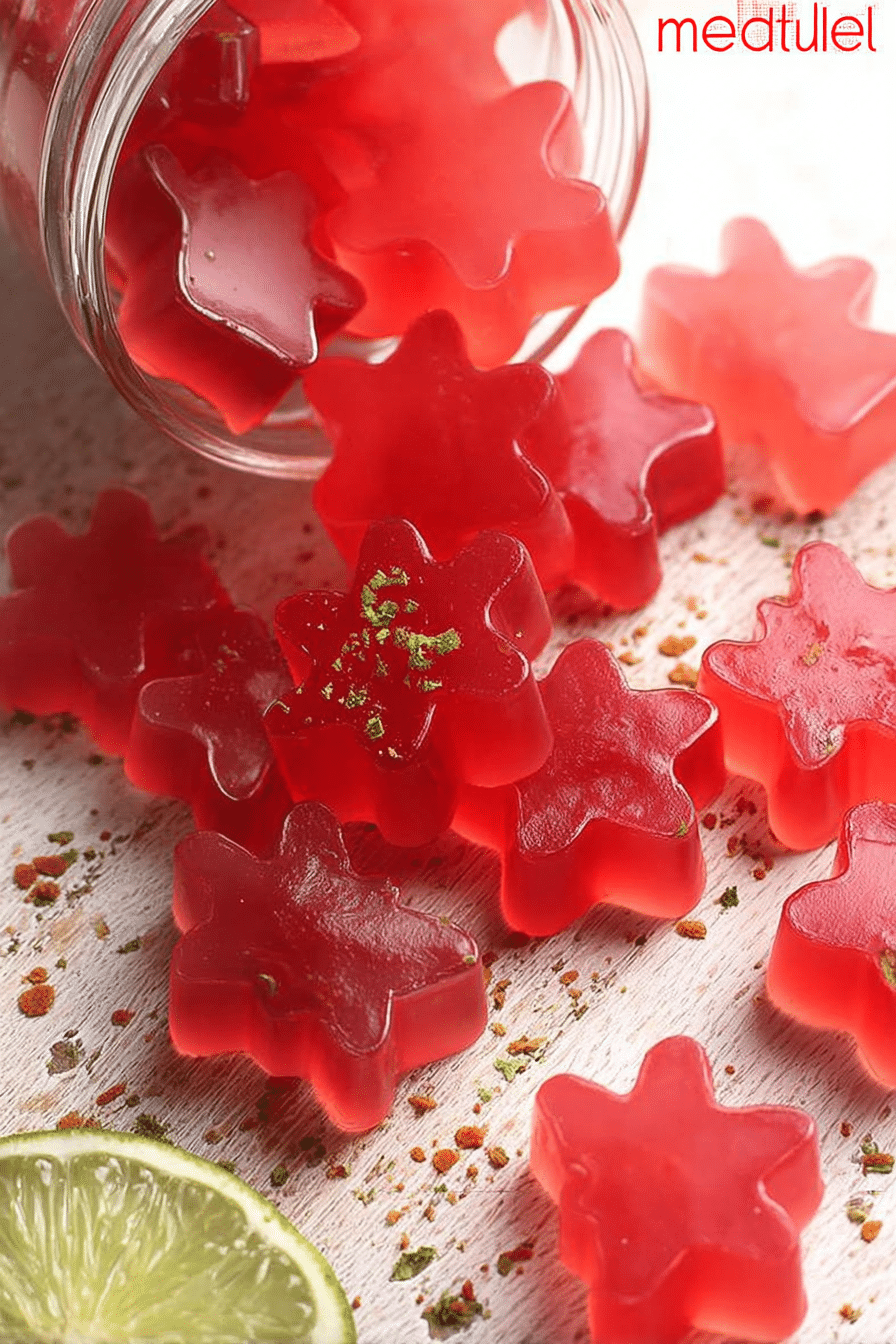 Vibrant homemade sour watermelon gummies surrounded by fresh watermelon and lemon, showcasing their juicy texture and color.