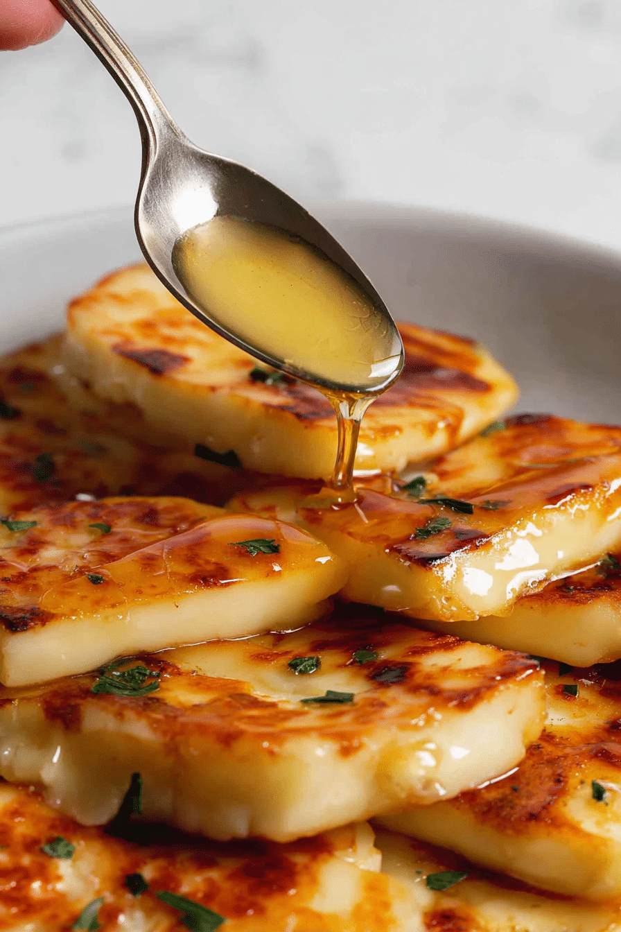 Beautifully plated honey glazed halloumi cheese with fresh thyme and lemon, perfect for appetizers or Mediterranean dishes.