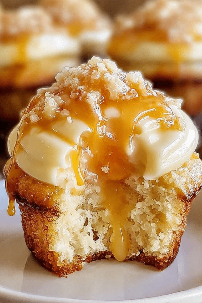 Honey peach cream cheese cupcakes with drizzled honey and fresh peach slices on a wooden table.
