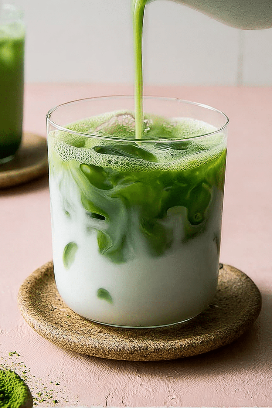 Iced matcha latte in a tall glass with ice and a sprinkle of matcha powder, garnished with a lemon slice.