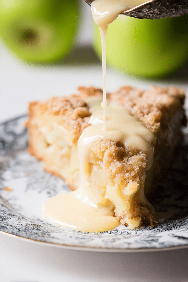 Slice of Irish Apple Cake with powdered sugar and custard sauce on a wooden table