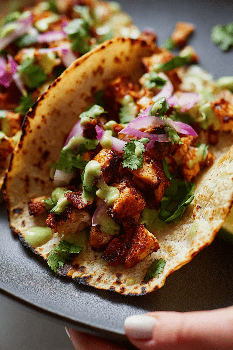 Juicy chicken tacos garnished with cilantro and onions on a rustic table.