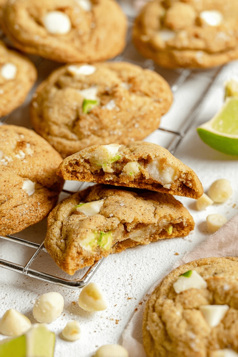 Close-up of key lime white chocolate macadamia nut cookies stacked on a plate with limes and macadamia nuts.