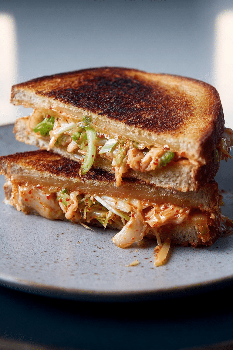 Close-up of a kimchi grilled cheese sandwich with melted mozzarella cheese and vibrant kimchi peeking out from toasted bread.
